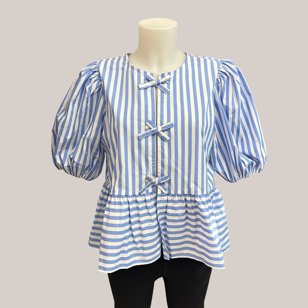 Marc New York Andrew Marc Striped Puff Sleeve Cropped Blouse sz Med New